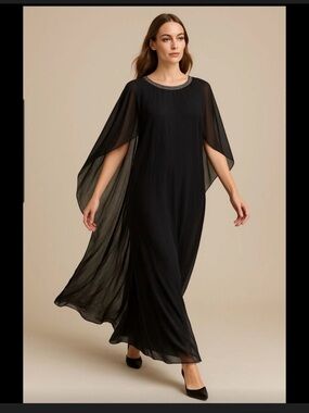 Badgley Mischka Black Beaded-Neck Cape Sleeve Dress